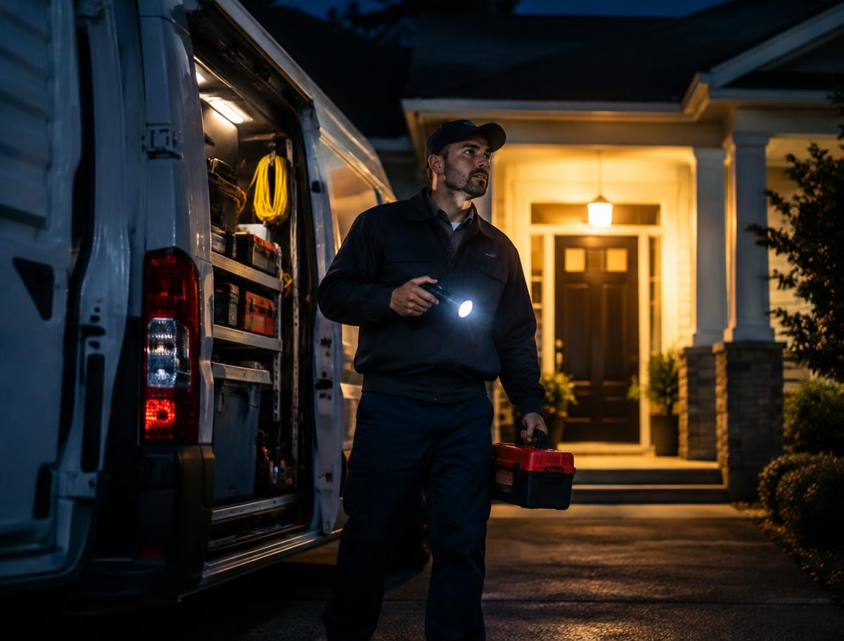 Service van and technician arriving at a home at night
