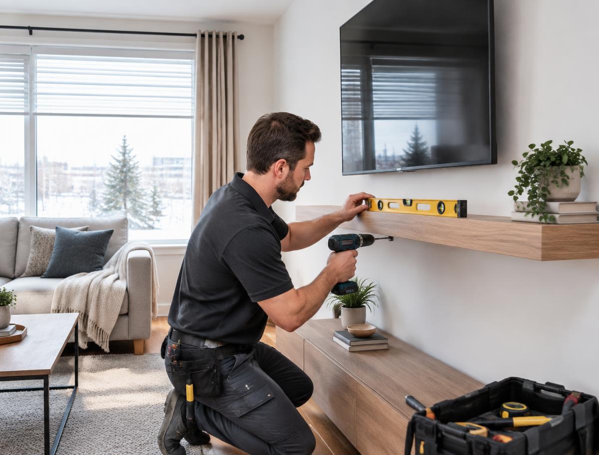 Home services professional installing a floating shelf in a living room